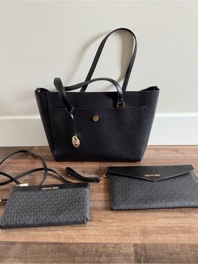 Michael Kors Black Tote with Matching Black Clutch and Crossbody Pouch